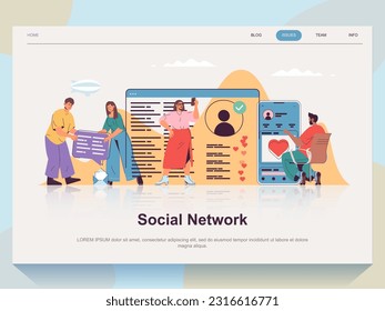 Social network web concept for landing page in flat design. Man and woman chatting online, sending messages, leaving comments and likes. Vector illustration with people scene for website homepage