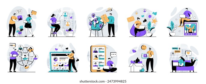 Social network web concept with people scenes mega set in flat design. Bundle of character situations with online communication, follow blogs, sharing posts, global community. Vector illustrations.