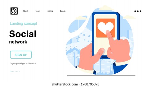 Social network web concept. User presses heart button and puts like posts on smartphone screen. Template of people scene. Vector illustration with character activities in flat design for website