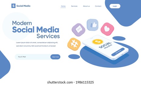 Concepto web de redes sociales.Diseño móvil con iconos modernos. sitio de promoción de interfaz web y de interfaz móvil.