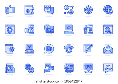 Social network web flat line icon. Bundle outline pictogram of profile page, link, content, post, like, follow, rating, mobile app, chat concept. Vector illustration of icons pack for website design
