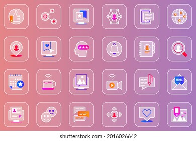 Social network web glassmorphic icons set. Pack outline pictograms of like or heart, networking, global internet, location, rating, notification, wifi, email and other. Vector line glass symbols