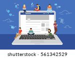 Social network web site surfing concept illustration of young people using mobile gadgets such as smarthone, tablet pc and laptop to be a part of online community. Flat guys and women on big notebook