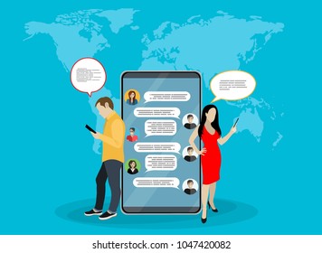 Social network web site surfing concept illustration of young people using mobile gadgets such as smartphone, tablet pc part of online community. Flat style. Vector illustration.