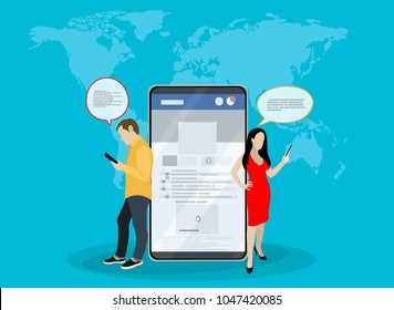 Social network web site surfing concept illustration of young people using mobile gadgets such as smartphone, tablet pc part of online community. Flat style. Vector illustration.