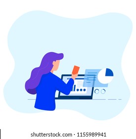 Social network web site surfing concept illustration of girl using mobile gadgets such as smartphone and laptop, with graphics, diagrams. Flat illustration, blu background 
