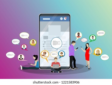 Social network web site surfing concept illustration of young people using mobile gadgets such as smartphone, tablet pc part of online community. Flat style. Vector illustration.