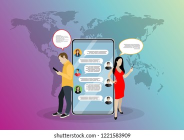 Social network web site surfing concept illustration of young people using mobile gadgets such as smartphone, tablet pc part of online community. Flat style. Vector illustration.
