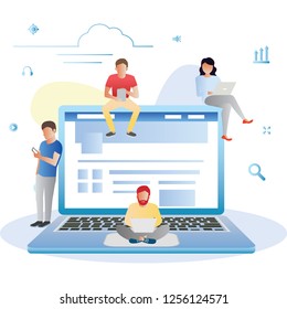 Social network web site surfing concept illustration of young people using mobile gadgets such as smarthone, tablet pc and laptop to be a part of online community. Flat guys and women on big notebook