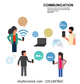 Social network web site surfing concept illustration of young people using mobile gadgets such as smartphone, tablet and laptop to be a part of online community. Flat guys and women sitting