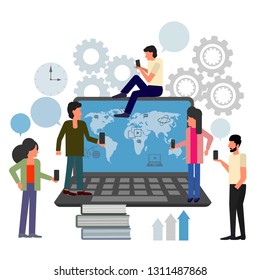 Social network web site surfing concept illustration of young people using mobile gadgets such as smartphone, tablet and laptop to be a part of online community. Flat guys and women sitting
