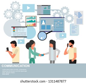 Social network web site surfing concept illustration of young people using mobile gadgets such as smartphone, tablet and laptop to be a part of online community. Flat guys and women sitting