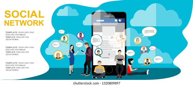 Social network web site surfing concept illustration of young people using mobile gadgets such as smartphone, tablet pc part of online community. Flat style. Vector illustration.