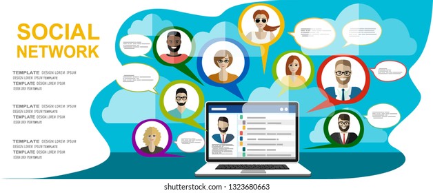 Social network web site surfing concept illustration of young people using mobile gadgets such as smartphone, tablet pc and laptop part of online community.Flat design illustration concept.