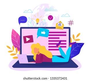 Social network, web site surfing concept vector illustration. Woman using a laptop.