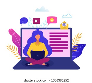 Social network, web site surfing concept vector illustration. Woman using a laptop.