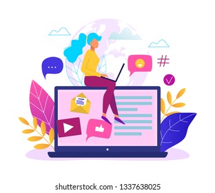 Social network, web site surfing concept vector illustration. Woman using a laptop.