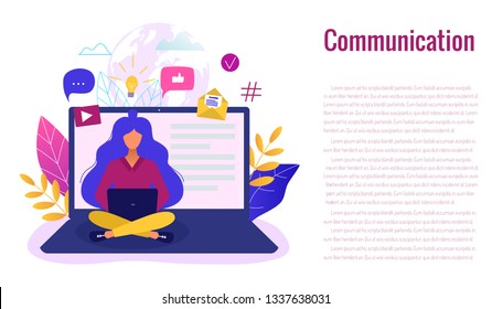 Social network, web site surfing concept vector illustration. Woman using a laptop.