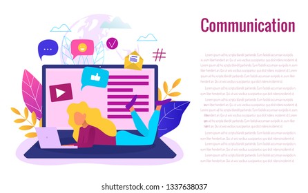 Social network, web site surfing concept vector illustration. Woman using a laptop.