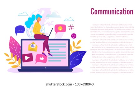 Social network, web site surfing concept vector illustration. Woman using a laptop.