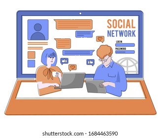 Social network web site surfing concept illustration of young people using mobile gadgets such as smarthone, tablet pc and laptop to be a part of online community. Flat guys and women on big notebook