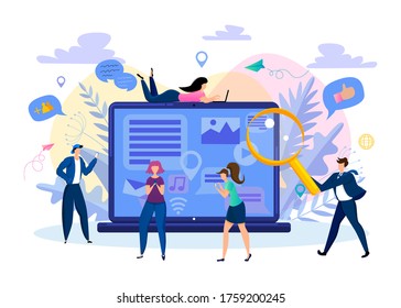 Social network web site surfing concept illustration of young people using mobile gadgets such as smarthone, tablet pc and laptop to be a part of online community. Flat guys and women on big notebook.