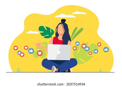 Social network, web site surfing concept vector illustration. Woman siting and using a laptop with flying thumbs up and hearts.