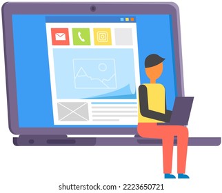 Concepto de surf en sitios web de redes sociales. Diseñador, desarrollador con interfaz web de perfil, datos de comunidad en línea. Trabajando con tecnología de medios sociales, perfil de usuario. Hombre navegando en redes, charlando
