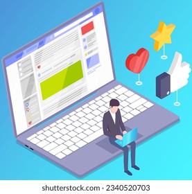 Social network web site surfing concept. Man browsing networks, chatting. Designer, developer using profile web interface, online community data. Working with social media technology, user profile