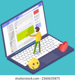 Social network web site surfing concept. Man browsing networks, chatting. Designer, developer using profile web interface, online community data. Working with social media technology, user profile