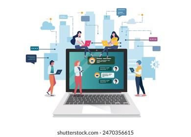 Social network web site surfing concept. Global Business Concept. Teamwork Cooperation with Business People Characters. Online Education. Vector illustration