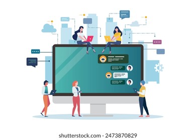 Social network web site surfing concept with computer screen. Global Business Concept. Teamwork Cooperation with Business People Characters. Online Education. Vector illustration