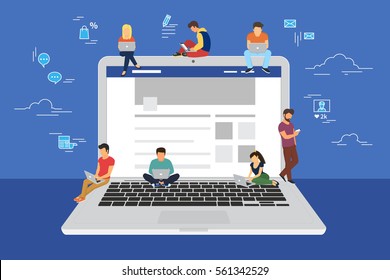 Social Network Web Site Surfing Concept Illustration Of Young People Using Mobile Gadgets Such As Smarthone, Tablet Pc And Laptop To Be A Part Of Online Community. Flat Guys And Women On Big Notebook