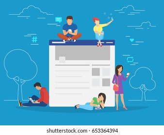 Social Network Web Site Surfing Concept Illustration Of Young People Using Mobile Gadgets Such As Smartphone, Tablet And Laptop To Be A Part Of Online Community. Flat Guys And Women Sitting 