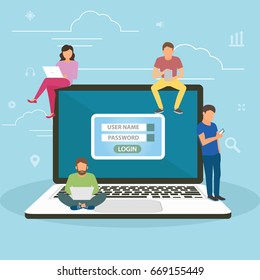 Social network web site surfing concept illustration of young people using mobile gadgets such as smarthone, tablet pc and laptop to be a part of online community. Flat guys and women on big notebook.