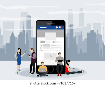 Social network web site surfing concept illustration of young people using mobile gadgets such as smartphone, tablet pc part of online community. Flat style. Vector illustration.