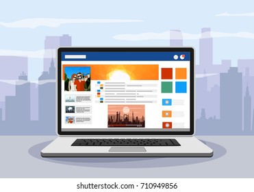 Social network web site surfing concept illustration of young people using mobile gadgets laptop to be a part of online community