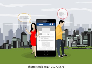 Social network web site surfing concept illustration of young people using mobile gadgets such as smartphone, tablet pc part of online community. Flat style. Vector illustration.