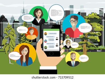 Social network web site surfing concept illustration of young people using mobile gadgets such as smartphone, tablet pc part of online community. Flat style. Vector illustration.