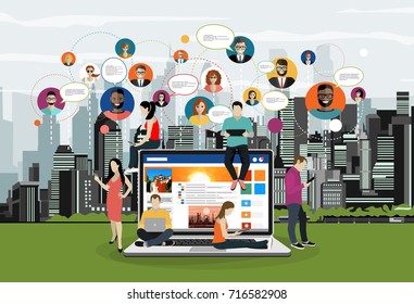 Social network web site surfing concept illustration of young people using mobile gadgets such as smartphone, tablet pc and laptop part of online community. Flat guys, women on big notebook