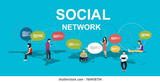 Social network web site surfing concept illustration of young people using mobile gadgets such as smartphone, tablet pc part of online community. Flat guys and young women on world map. Vector.