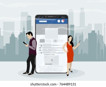 Social network web site surfing concept illustration of young people using mobile gadgets such as smartphone, tablet pc part of online community. Flat style. Vector illustration.