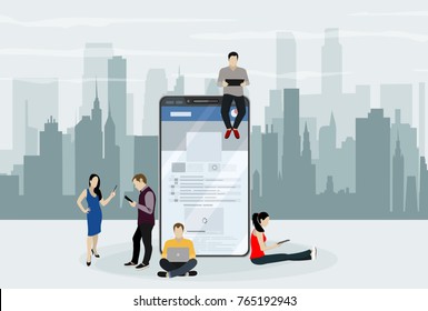 Social network web site surfing concept illustration of young people using mobile gadgets such as smartphone, tablet pc part of online community. Flat style. Vector illustration.