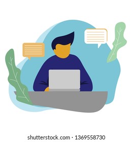 Social network website connection concept. People using notebook laptop for online communication. Flat cartoon vector design.