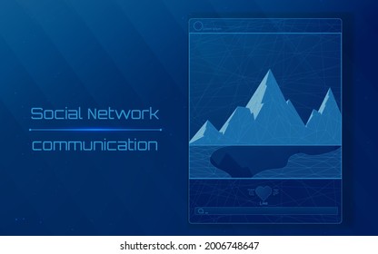 Social network, website interface layout with mountains on splash screen, template
. vector illustration .triangle .dots. low poly. plexus. eps10. dark-blue background
