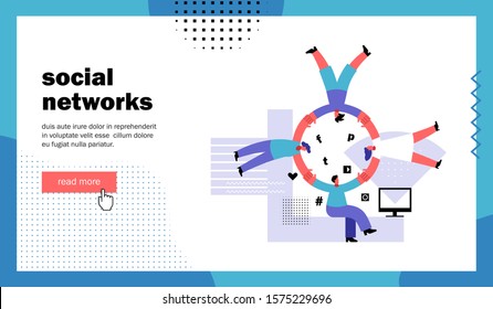 Social network, website landing page. Men and women holding hands form a circle. Template for blog channel. Cartoon flat vector illustration