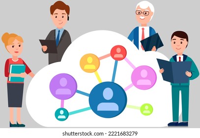 Social network, website surfing concept. People using profile web interface for work with online community. Business meeting, discussing social media technology. Teamwork with marketing strategy