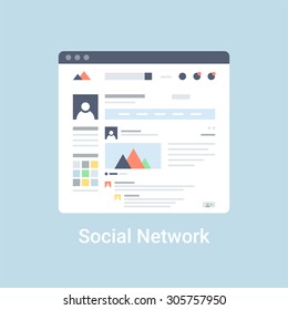 Social network website wireframe interface template. Flat vector illustration on blue background