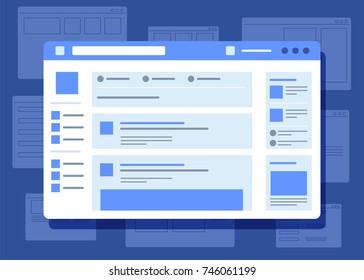 Social Network Website Wireframe Interface Template. Flat Vector Illustration On Blue Background