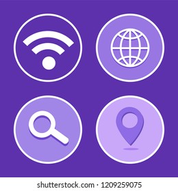 Social network, wifi connection sign, isolated icons set. Circles and globe of planet Earth, location and magnifying glass. Internet tools vector